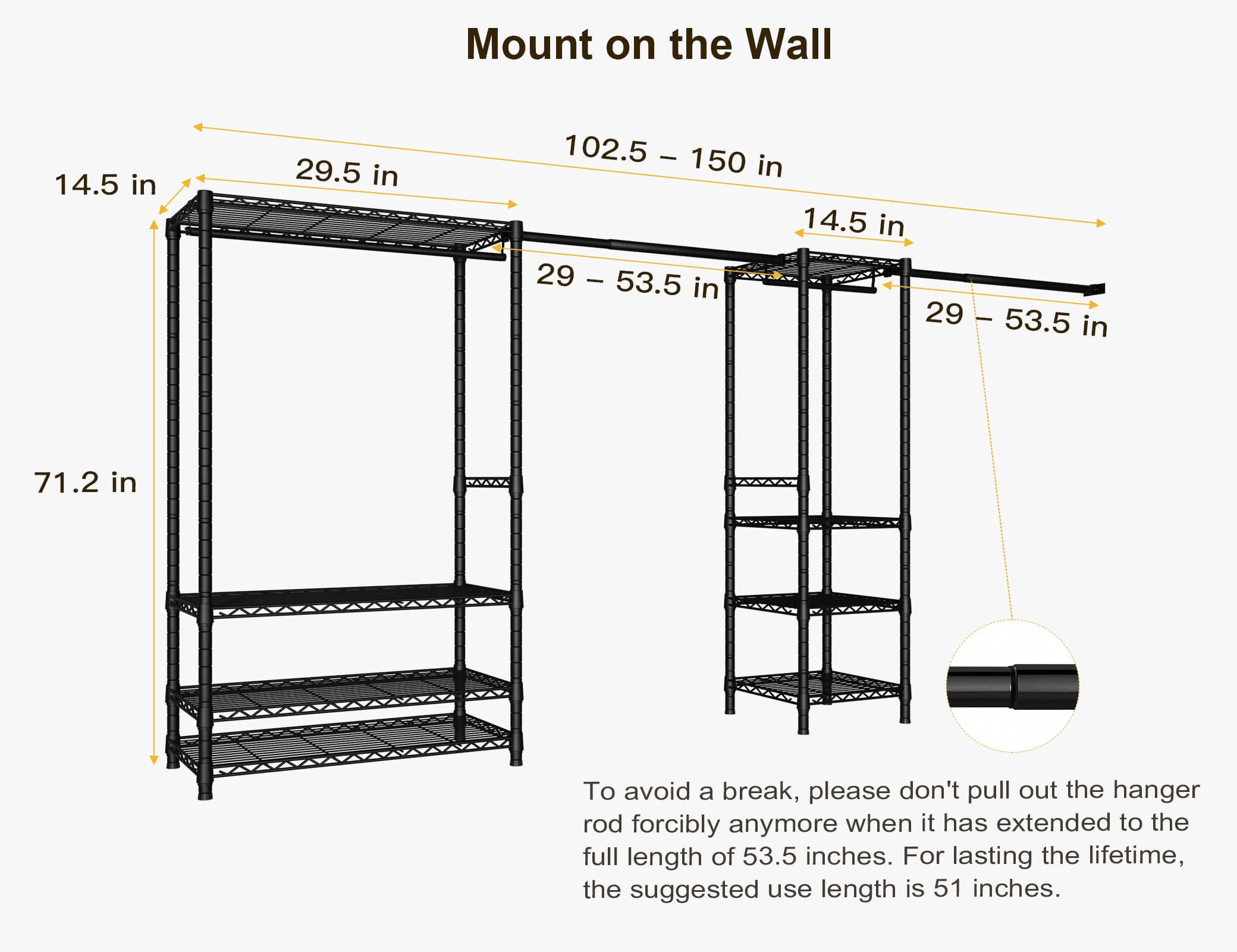 Ulif E11 Heavy-Duty Garment Rack, Metal Freestanding Clothes Rack and Closet Storage Organizer System with 8 Shelves and 4 Hanger Rods, (73.2 - 97.6)"W x 14.5"D x 71.2"H, Load 962 LBS, Black