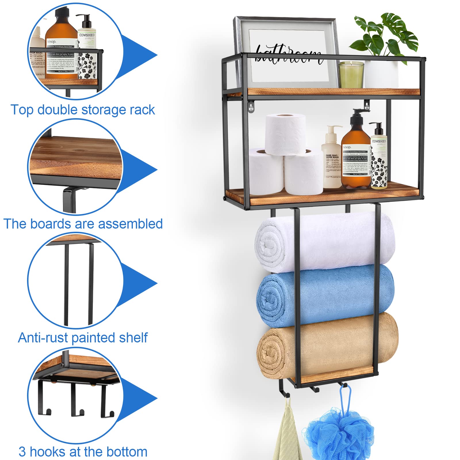 YOHSNOR Wall Mounted Towel Rack - 3 Hooks, Large Capacity, and Versatile - Ideal for Small Bathrooms, Hotels, and Spas - Perfect Towel Storage Solution