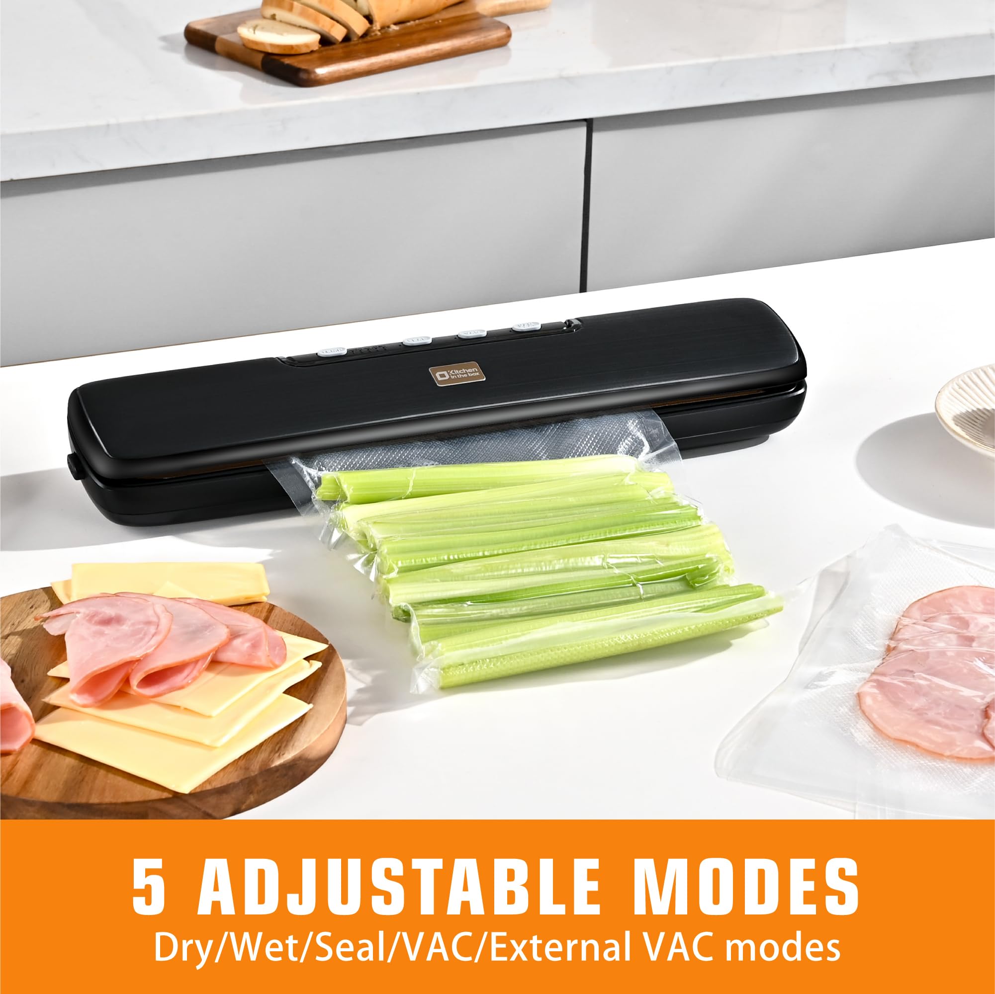 Vacuum Sealer Machine,Kitchen in the box Food Sealer Machine for Food Storage,Dry/Wet/Seal/Vac/External Vac Modes & 5 Sealing Temperatures,Automatic Air Sealer with 15Pcs Vacuum Seal Bags,Black