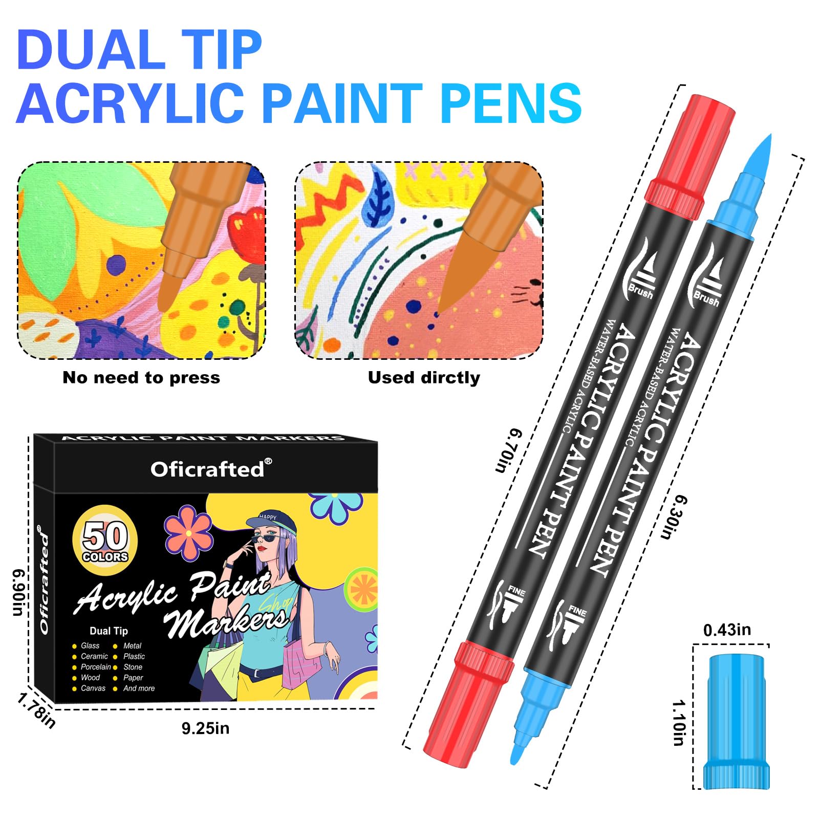 Oficrafted Acrylic Paint Pens, 50 Colors Dual Tip Markers with Fine and Brush Tip, Premium Marking Pens Set for Rock, Wood, Plastic, Fabric Painting and DIY Crafts