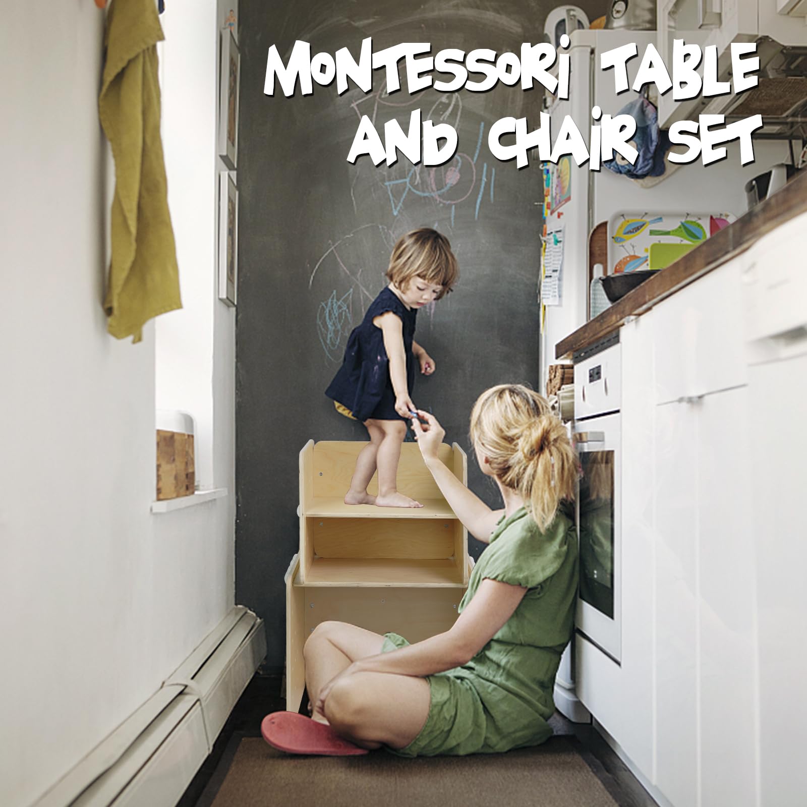 WOOD CITY Montessori Weaning Table and Chair Set (19.7inch), Height-Adjustable Real Hardwood Desk for Toddler Reading, Snack Time, Activity Cube, Step Stool, Montessori Furniture for Kids 1-5 Year Old