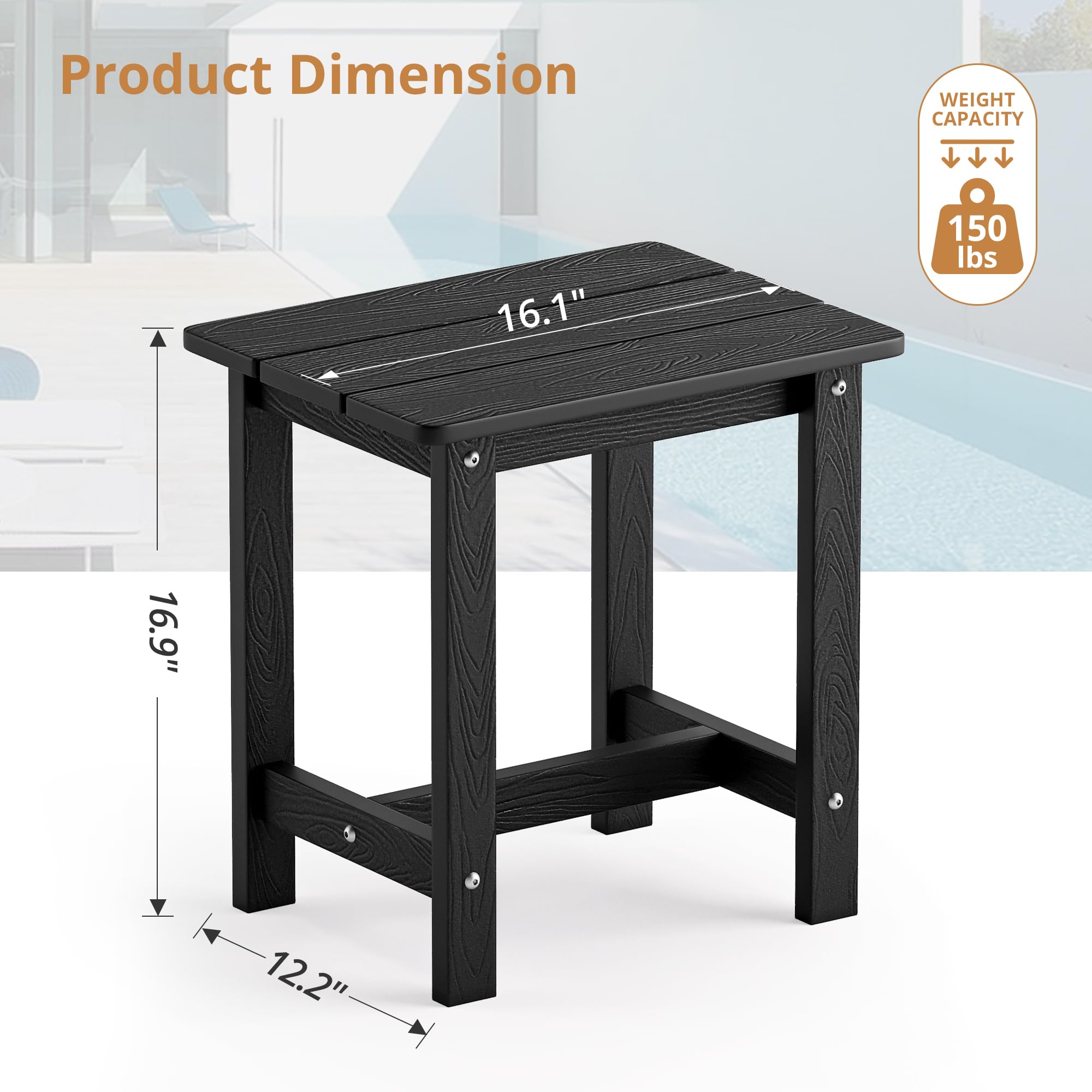 LUE BONA Outdoor Side Table, HDPS Small Outdoor Table, Adirondack Side Table, Outside End Table for Patio, Porch, Deck, Pool, Weather Resistant/Easy Maintenance/Indoor or Outdoor Use, Black