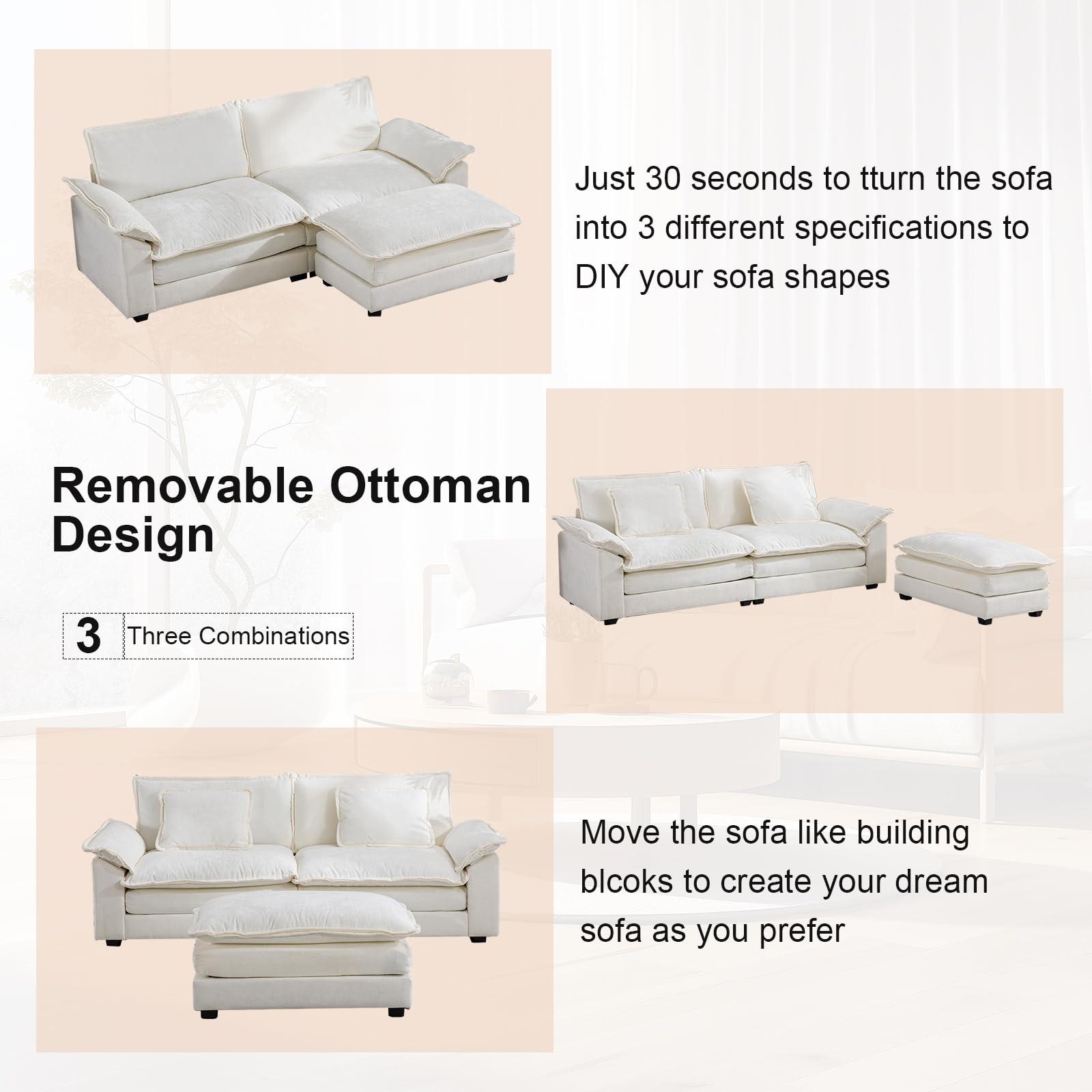 OQQOEE 85.8" Modular Sectional Sofa Oversized Comfy Loveseat L Shaped Sofa Couches with Chaise/Ottoman/Pillows for Living Room,Apartment,Office (White)