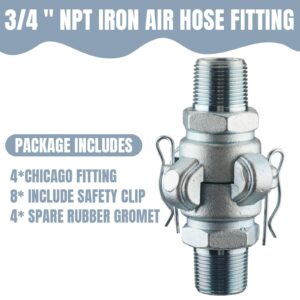 Therwen 4 Sets NPT Iron Air Hose Fitting 2 Lug Universal Coupling Chicago Fitting for Female and Male End (Male End,3/4'')