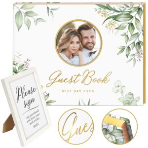 Wedding Guest Book with Photo Frame - Elegant Flower Design Hardcover with Golden Edges Wedding Guest Book - 120 Pages for Wedding Reception, Bridal Shower, and Special Events