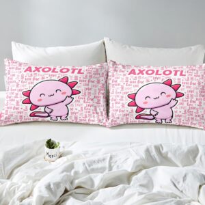 Cartoon Axolotl Kids Duvet Cover Set Twin Size,Cute Salamander Ocean Animals Bedding Set,Girls Boys Adults Room Decor,Axolotl Lovers Kawaii Comforter Cover,Pink Romantic Quilt Cover,1 Pillowcase