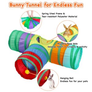 Rabbit Tunnel Collapsible 3 Way Bunny Tunnels and Tubes with Interactive Ball Bunny Hideout Small Animal Activity Tunnel Toys for Dwarf Rabbit Bunny Guinea Pig Kitty