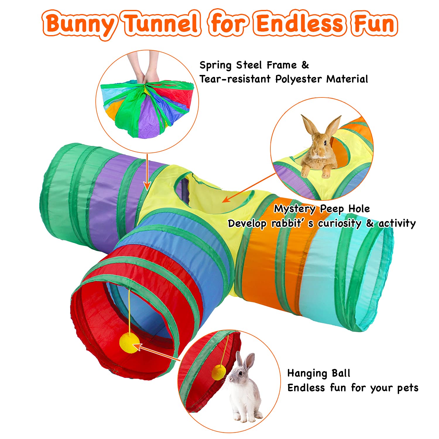 Rabbit Tunnel Collapsible 3 Way Bunny Tunnels and Tubes with Interactive Ball Bunny Hideout Small Animal Activity Tunnel Toys for Dwarf Rabbit Bunny Guinea Pig Kitty