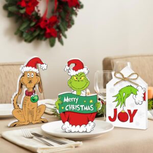 3pcs Christmas Wooden Table Signs, Funny Dog Centerpieces Christmas Tiered Tray Decorations Set for Xmas Holiday Winter Parties Indoor Home JOY Table Top Sign Decor