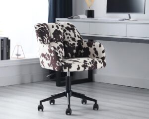 modern swivel home office desk chair with wheels and arms, cow print velvet height adjustable comfortable ergonomic upholstered desk chair, wide cute cowhide computer armchair for living room home