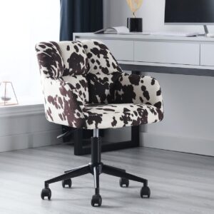 Modern Swivel Home Office Desk Chair with Wheels and Arms, Cow Print Velvet Height Adjustable Comfortable Ergonomic Upholstered Desk Chair, Wide Cute Cowhide Computer Armchair for Living Room Home