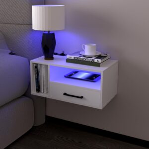 homaterial floating nightstand with charging station and led lights, floating bedside table with drawers wall mounted nightstands,for bedroom room, 21.3" x 11.8" x 10",white