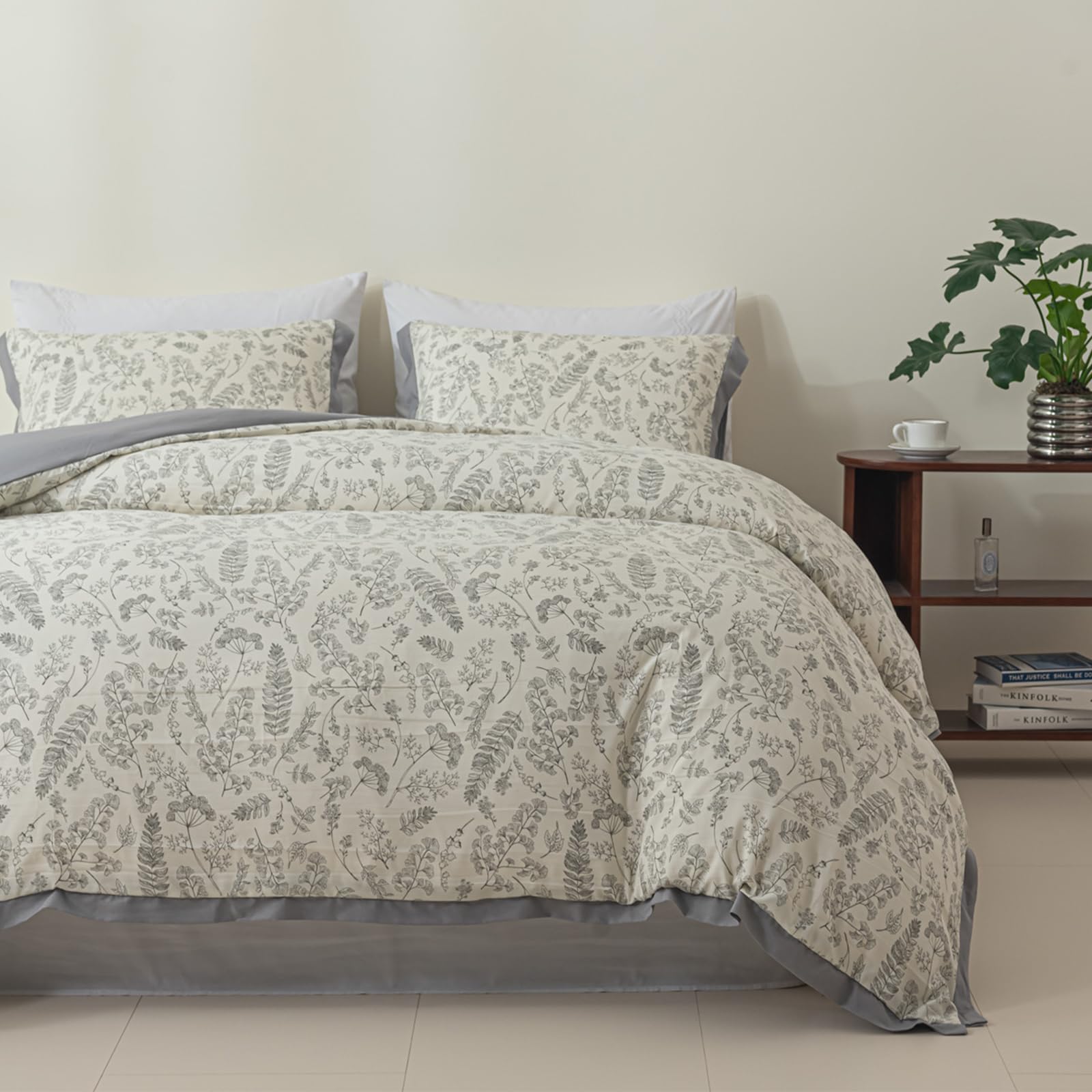 VARSDEN Soft Floral Double-Sided Zipper Duvet Cover Set - 3 Piece Set, Countryside Style, Dual Tone, Exquisite Print (Queen(90"X90"), Gray)