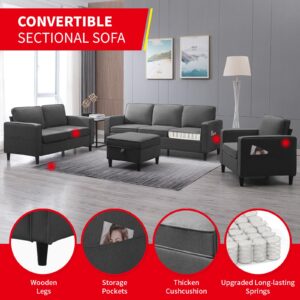 PUREMIND 3 Piece Sofa Set Living Room Furniture Sets, Convertible Sectional Sofa Couch with Storage Ottoman, Modular Sectional Couch for Living Room,3-Seat Sofa +Ottoman+Loveseat+ Armchair (Dark Gray)