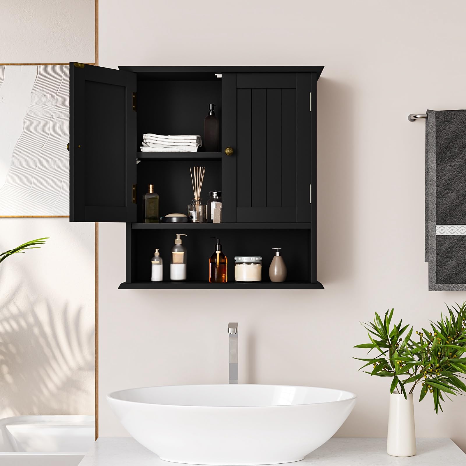 Smuxee Black Bathroom Cabinet Wall Mounted, Small Bathroom Medicine Cabinet with 2 Door Adjustable Shelves, Bathroom Wall Cabinet Over Toilet for Laundry Room Kitchen