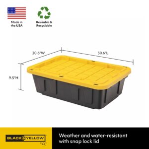 CX BLACK & YELLOW®, 15-Gallon Heavy Duty Tough Storage Container & Snap-Tight Lid, (9.5”H x 20.6”W x 30.6”D), Weather-Resistant Design and Stackable Organization Tote [5 Pack]