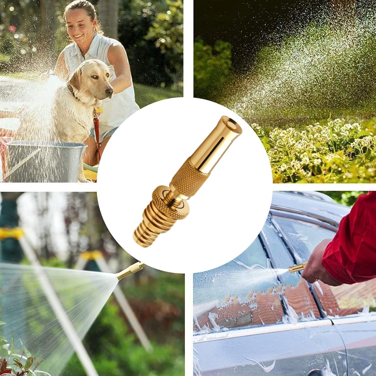 Khanjan Adjustable Spray Nozzle - 2-in-1 Brass Water Jet Spray Gun Nozzle with Clamps for Effortless Garden Watering, Car Washing, and House Cleaning - Universal Fit for ¾” and ½” Hoses