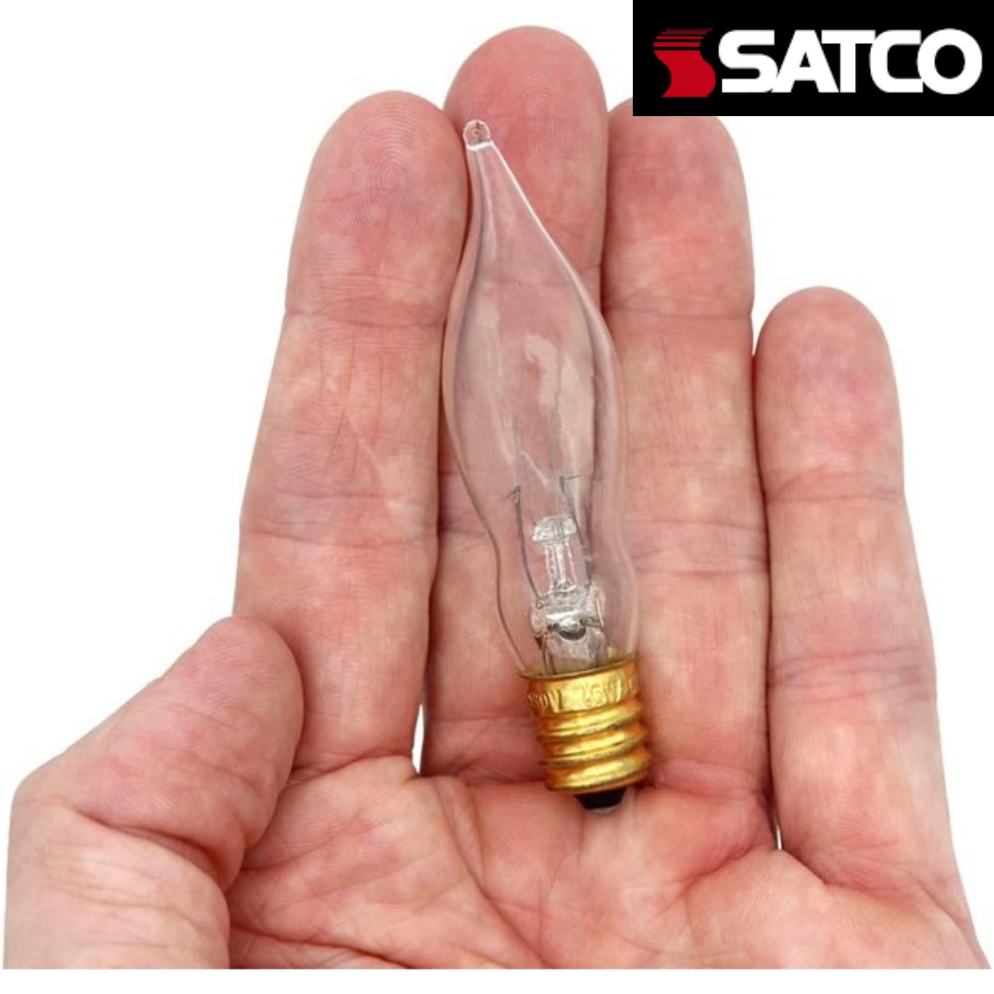 Satco S3241, 7 1/2W CAND Turn TIP CLR, 7.5 Watt CA5 Incandescent; Clear; 1500 Average Rated Hours; 40 Lumens; Candelabra Decorative Light Base; 120 Volt (25 Light Bulbs)