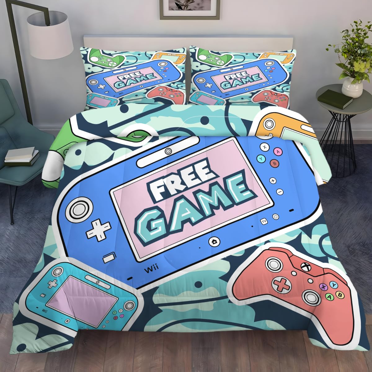 HCHUANG Gamer Comforter Set for Boys Queen Size 3 Piece Gamer Bedding Sets Video Game Bedding Sets for Kids