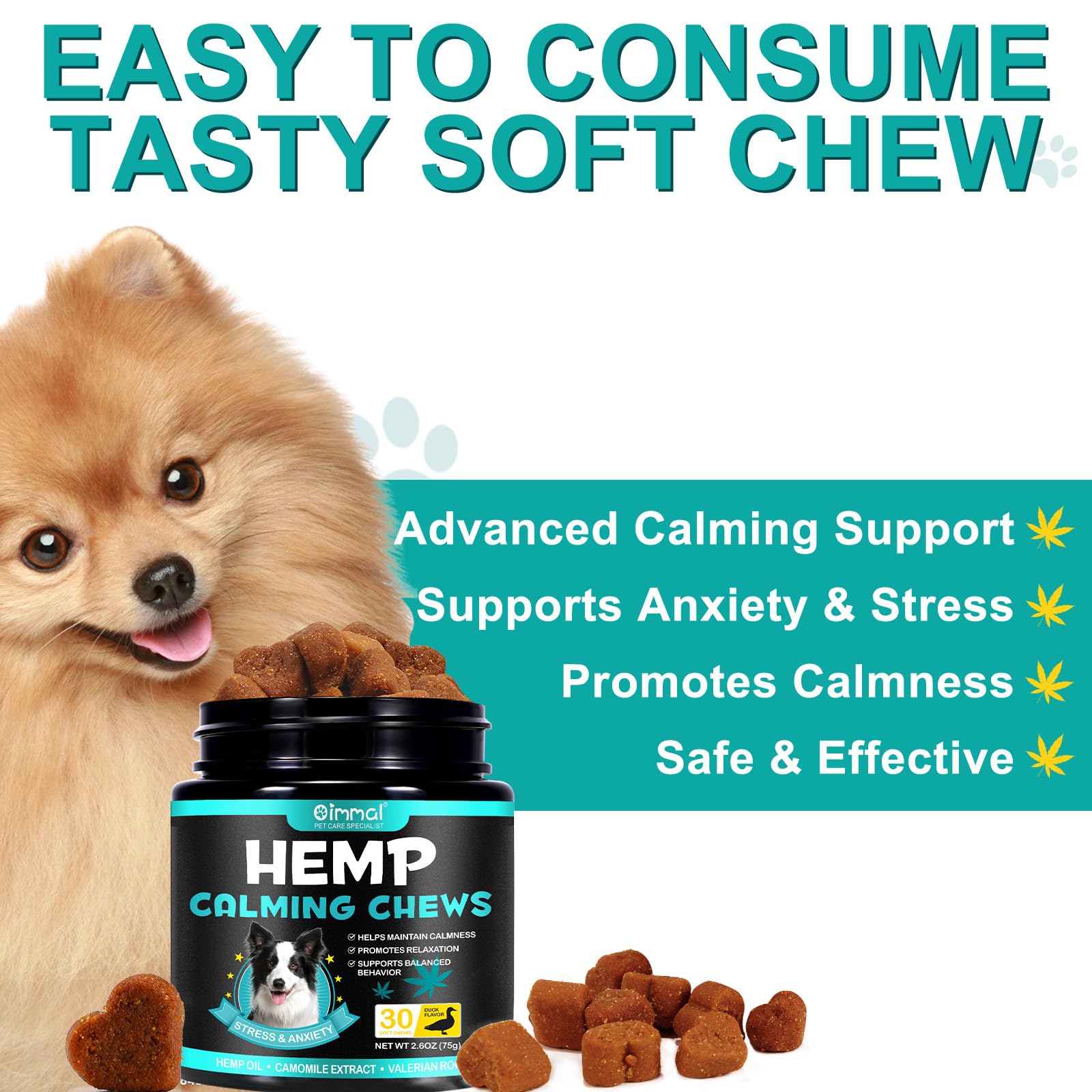 ALIVO Calming Chews for Dogs, Calming Dog Treats with Hemp Oil for Dogs Anxiety & Stress Relief for Dogs Calming Treats - Pet Supplies Soft Chews for Stress, Barking, Aggression - 30PC, Duck Flavor