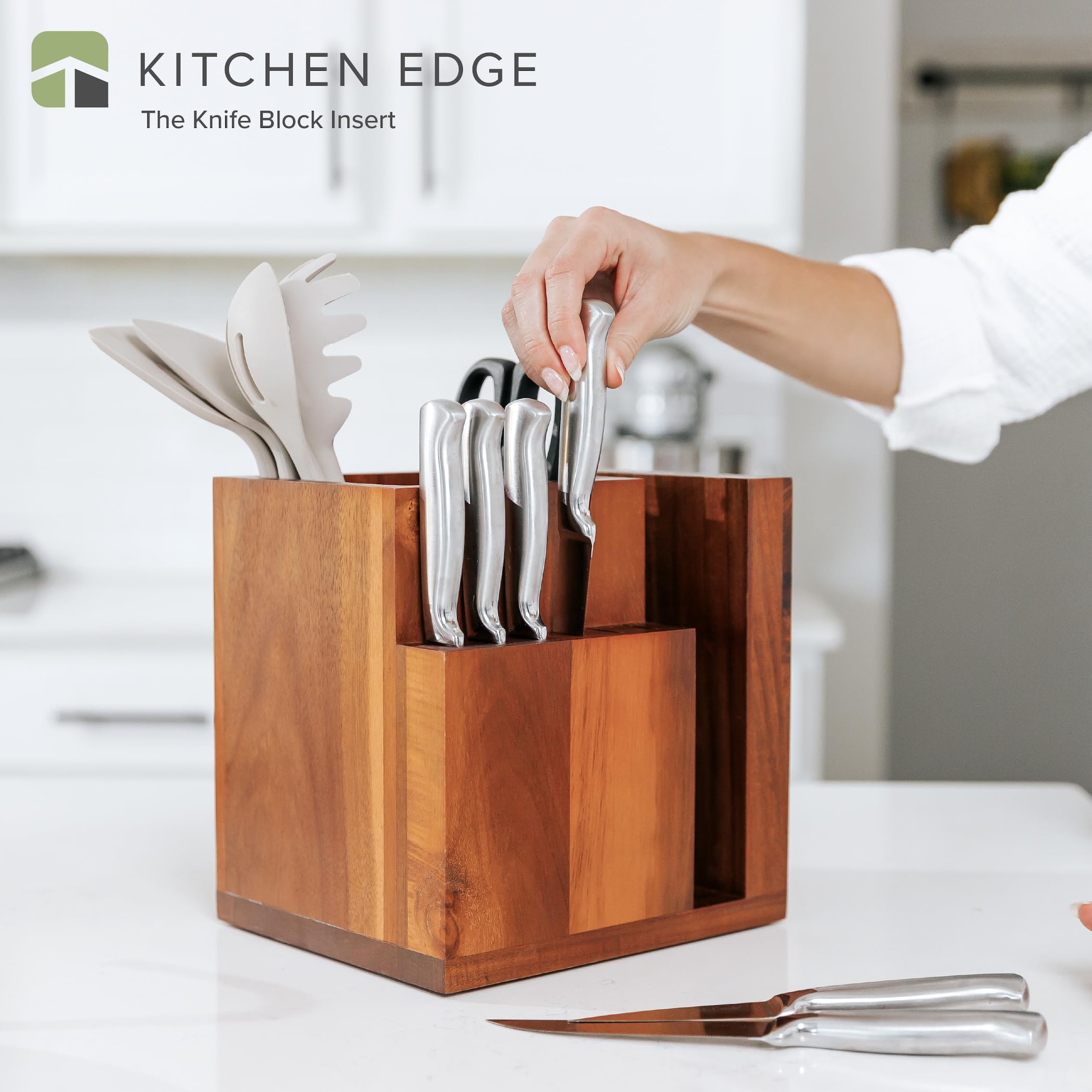 KitchenEdge Acacia Magnetic Knife Block and Cooking Utensil Holder, Sleek Storage for Chefs Knives, Steak Knives, Spatulas, Scissors, Non-Slip Rubber Feet, Easy to Clean, Kitchen Countertop Organizer