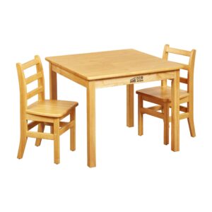 ecr4kids 30in d square hardwood table with 24in legs and two 14in chairs, kids furniture, honey