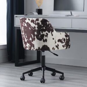 Modern Swivel Home Office Desk Chair with Wheels and Arms, Cow Print Velvet Height Adjustable Comfortable Ergonomic Upholstered Desk Chair, Wide Cute Cowhide Computer Armchair for Living Room Home