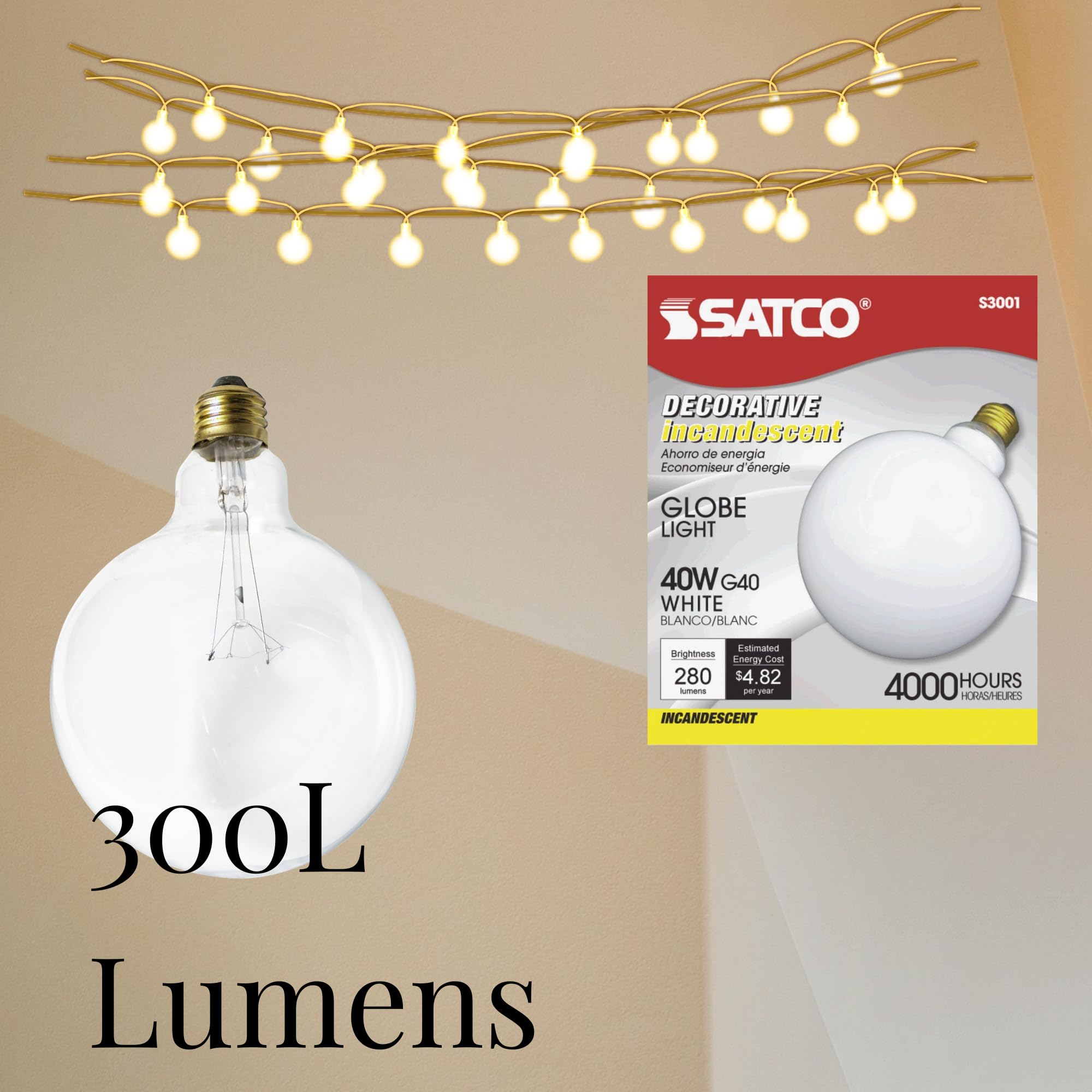 Satco S3011 40 Watt G40 Incandescent; Clear; 4000 Average Rated Hours; 300 Lumens; Medium Base; 120 Volt (12 Incandescent Light Bulbs)