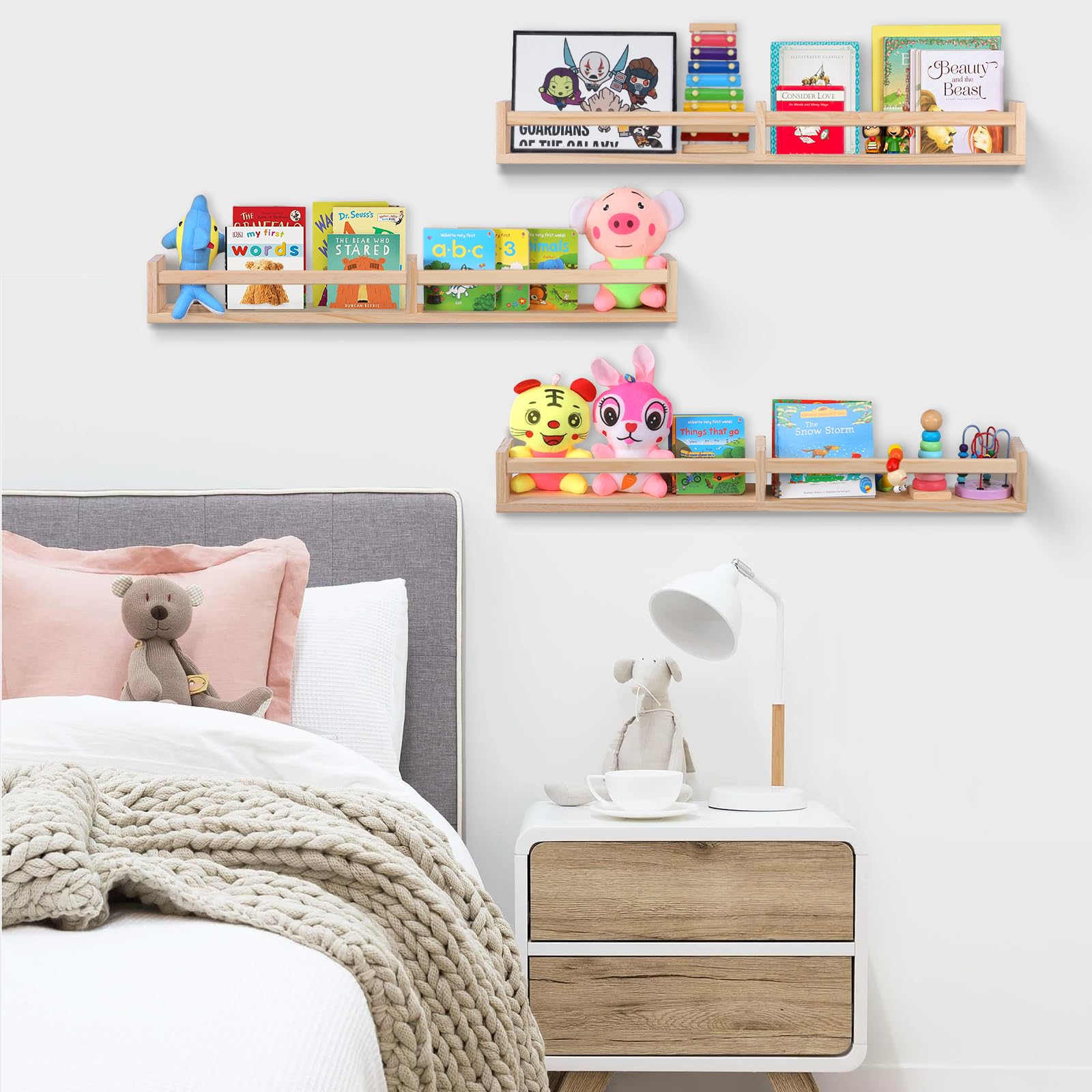 birola Nursery Book Shelves for Wall Set of 3，Natural Wood Wall Bookshelves for Kids Room - Book Shelf for Wall(32 inches Set of 3)