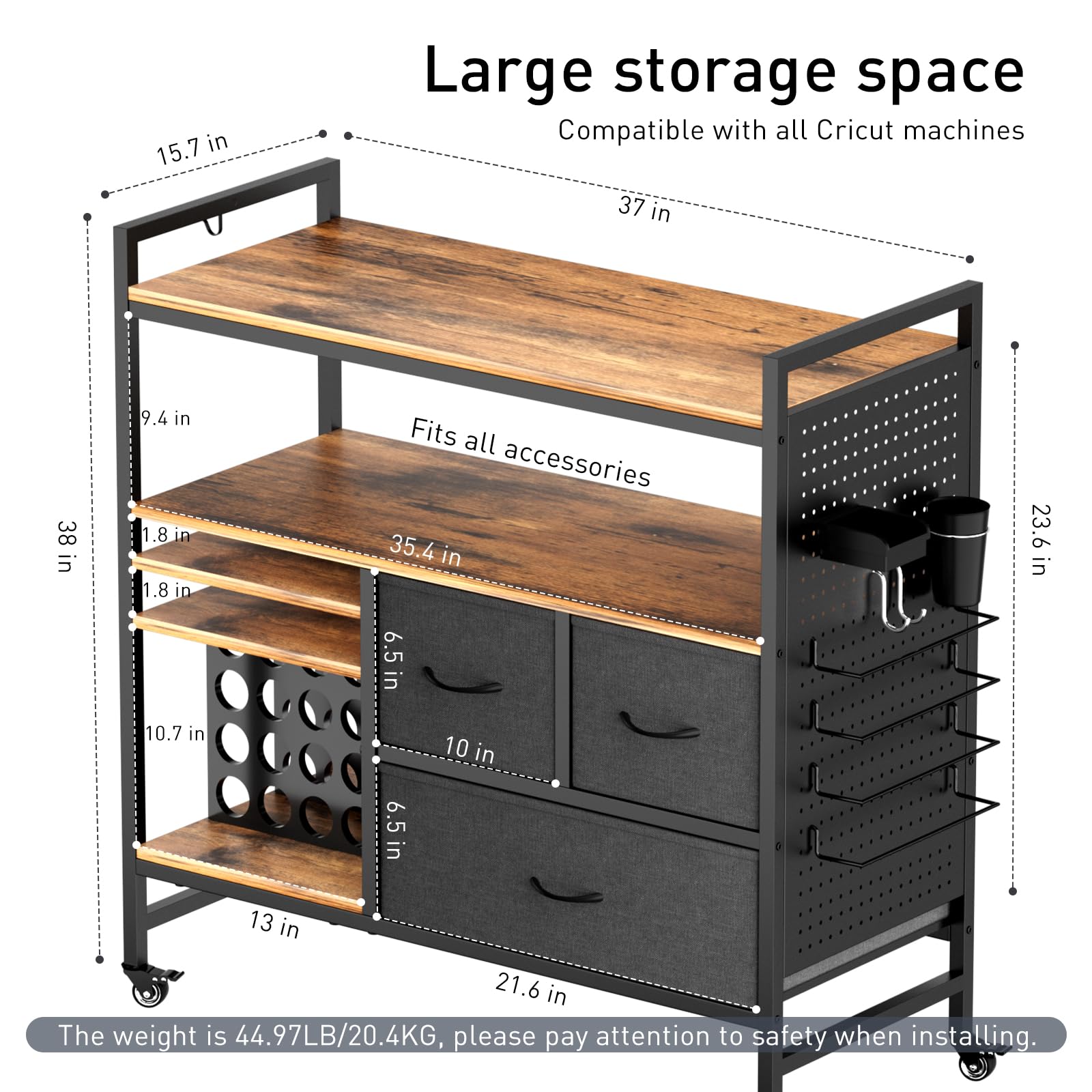 PUNLUXU Organizers and Storage Compatible with Cricut Machines - Vinyl Roll Holder, DIY Pegboard with Accessories Organizer, Rolling Craft Table with Storage Cabinet Workstation PU-01 Patent Protected