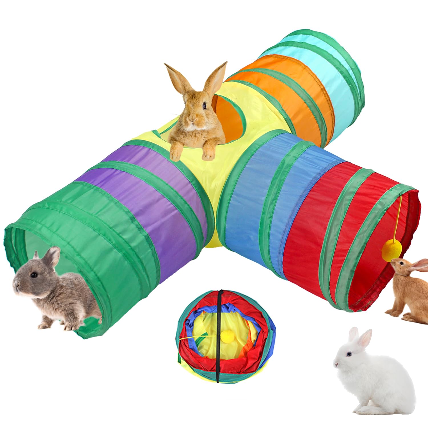 Rabbit Tunnel Collapsible 3 Way Bunny Tunnels and Tubes with Interactive Ball Bunny Hideout Small Animal Activity Tunnel Toys for Dwarf Rabbit Bunny Guinea Pig Kitty