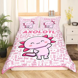 Cartoon Axolotl Kids Duvet Cover Set Twin Size,Cute Salamander Ocean Animals Bedding Set,Girls Boys Adults Room Decor,Axolotl Lovers Kawaii Comforter Cover,Pink Romantic Quilt Cover,1 Pillowcase