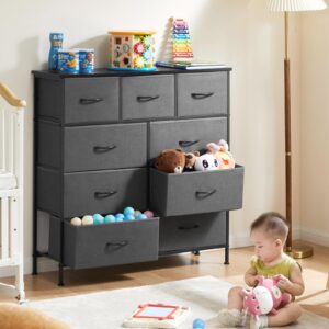 Sweetcrispy 9 Drawers Dresser for Bedroom, Kidsroom Furniture, Tall Chest Tower, Storage Organizer Units for Clothing, Closet, Fabric Bins, Wood Top, Steel Frame, Lightweight, Assemble Tools Include