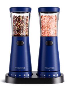 electric salt and pepper grinder set with storage base, stainless steel rechargeable salt and pepper grinder set with 4.5 oz large capacity, 1.8" wide mouth, adjustable coarseness, ideal for kitchen