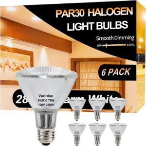 vannise par30 halogen bulb 75w 120v, 6 pack high output 1000lm par30 long neck halogen 75w with warm white 2800k, par30 dimmable, long lasting par30 flood light bulb with e26 medium base