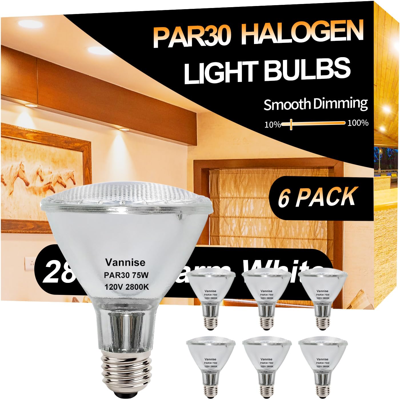 Vannise PAR30 Halogen Bulb 75W 120V, 6 Pack High Output 1000LM PAR30 Long Neck Halogen 75W with Warm White 2800K, PAR30 Dimmable, Long Lasting PAR30 Flood Light Bulb with E26 Medium Base