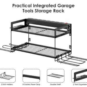 CCCEI Garage Tools Storage with Charging Station. Power Tool Battery Organizer Utility Shelf with Power Strip. 4 Drills Holder Wall Mount Rack, Black.