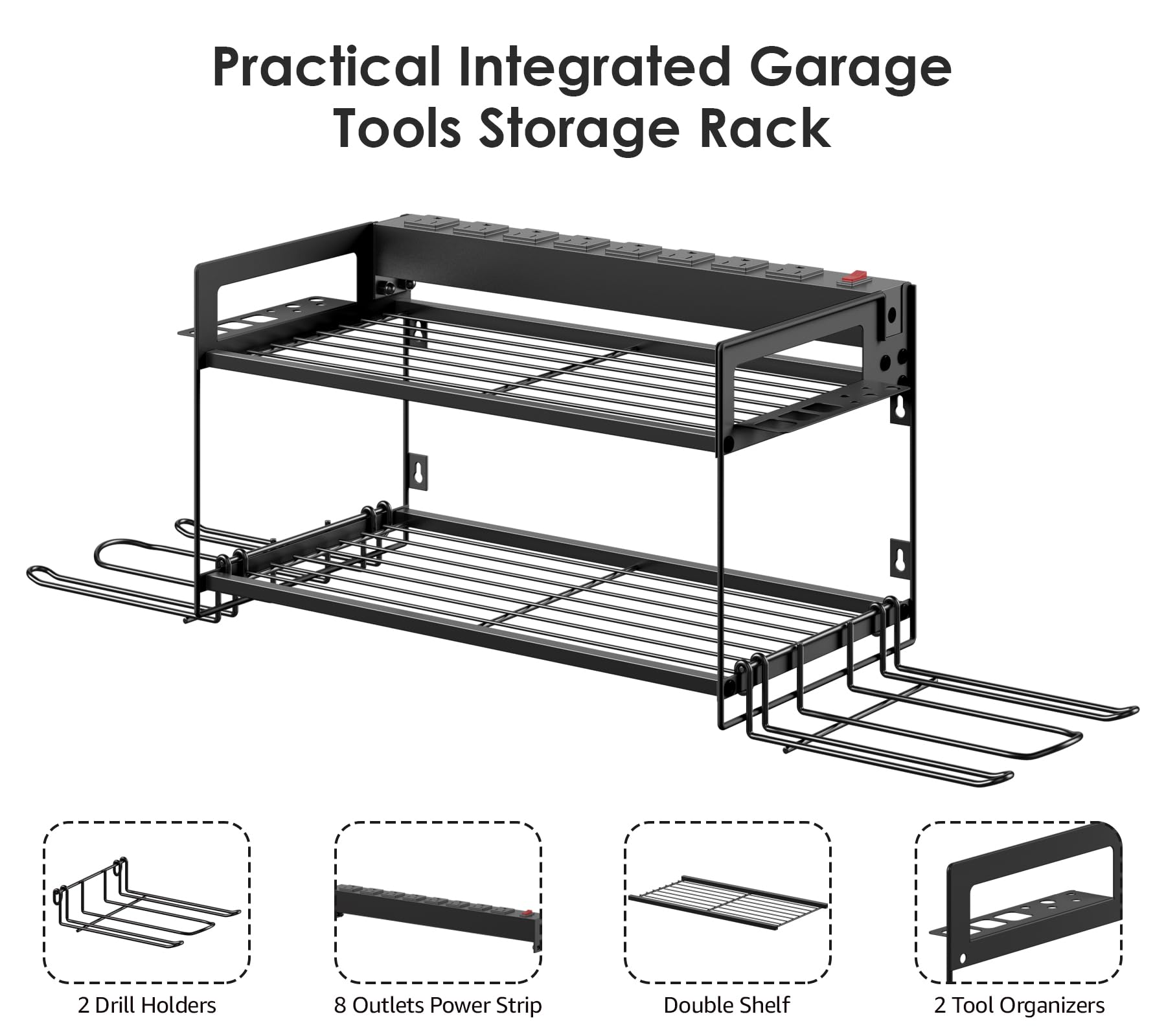 CCCEI Garage Tools Storage with Charging Station. Power Tool Battery Organizer Utility Shelf with Power Strip. 4 Drills Holder Wall Mount Rack, Black.