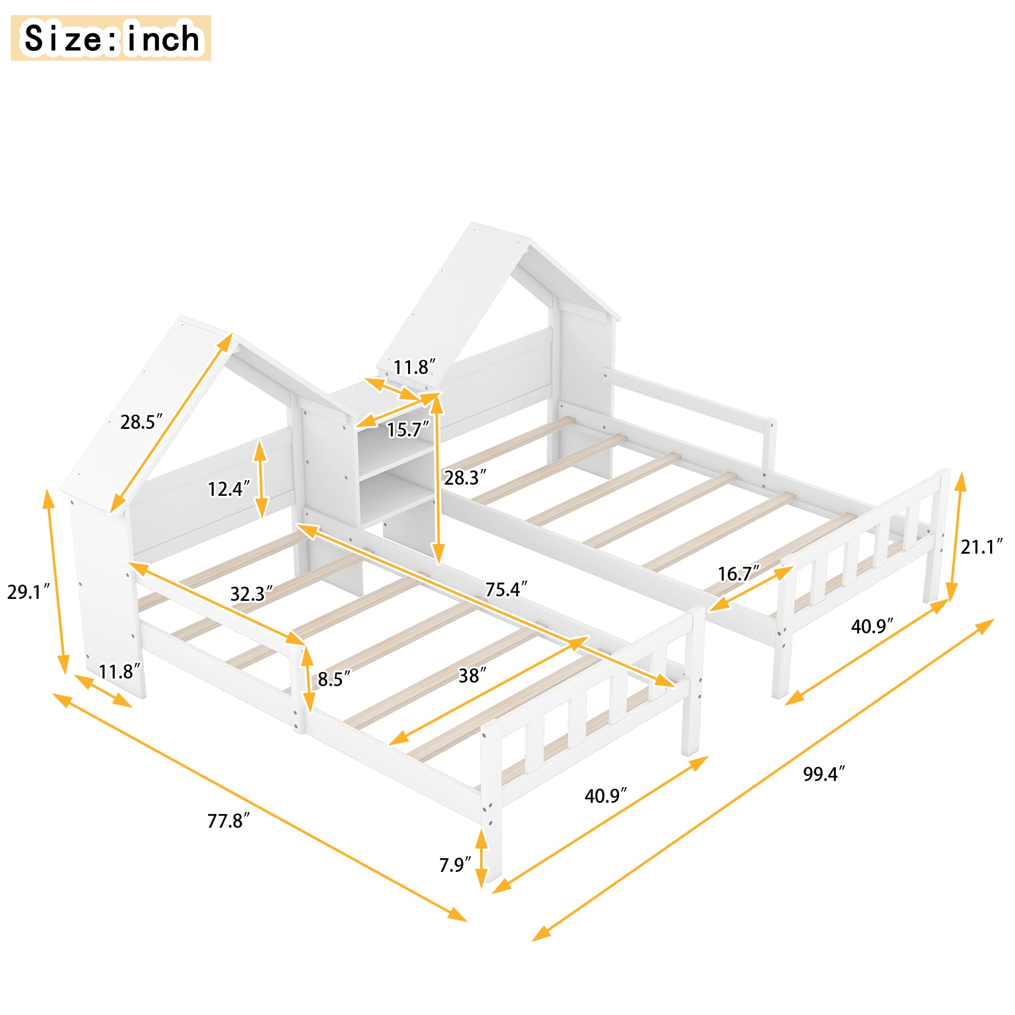 Flieks Double Twin Size Platform Bed with House-Shaped Headboard and a Built-in Nightstand, White