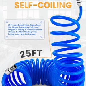 SARDVISA 25 Feet Repairable EVA Recoil Air Hose, Air Compressor Hose with 1/4" NPT Industrial Universal Quick Coupler and I/M Plug Kit, 200PSI Max Air Tool Hose