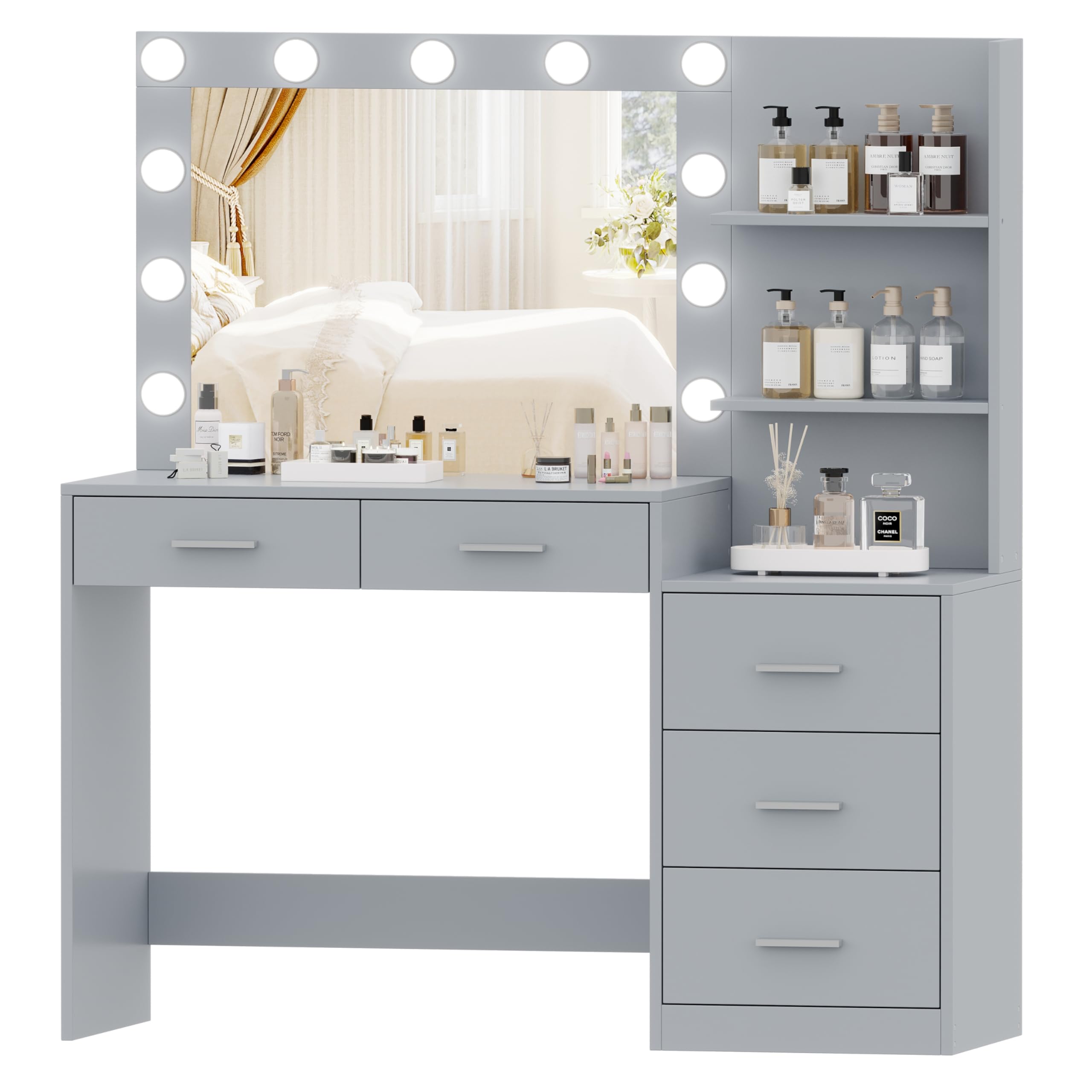 Rovaurx 46.7" Makeup Vanity Table with Lighted Mirror, Large Vanity Desk with Storage Shelf & 5 Drawers, Bedroom Dressing Table, 11 LED Lights, Gray