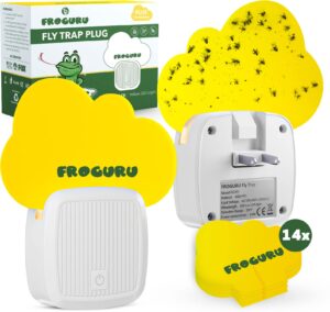 froguru plug in fly trap indoor with 14 sticky refills (2-pack) - easy to use odorless indoor fly trap for home with yellow led light - traps insects like fruit flies, mosquitoes, gnats, moths, etc.