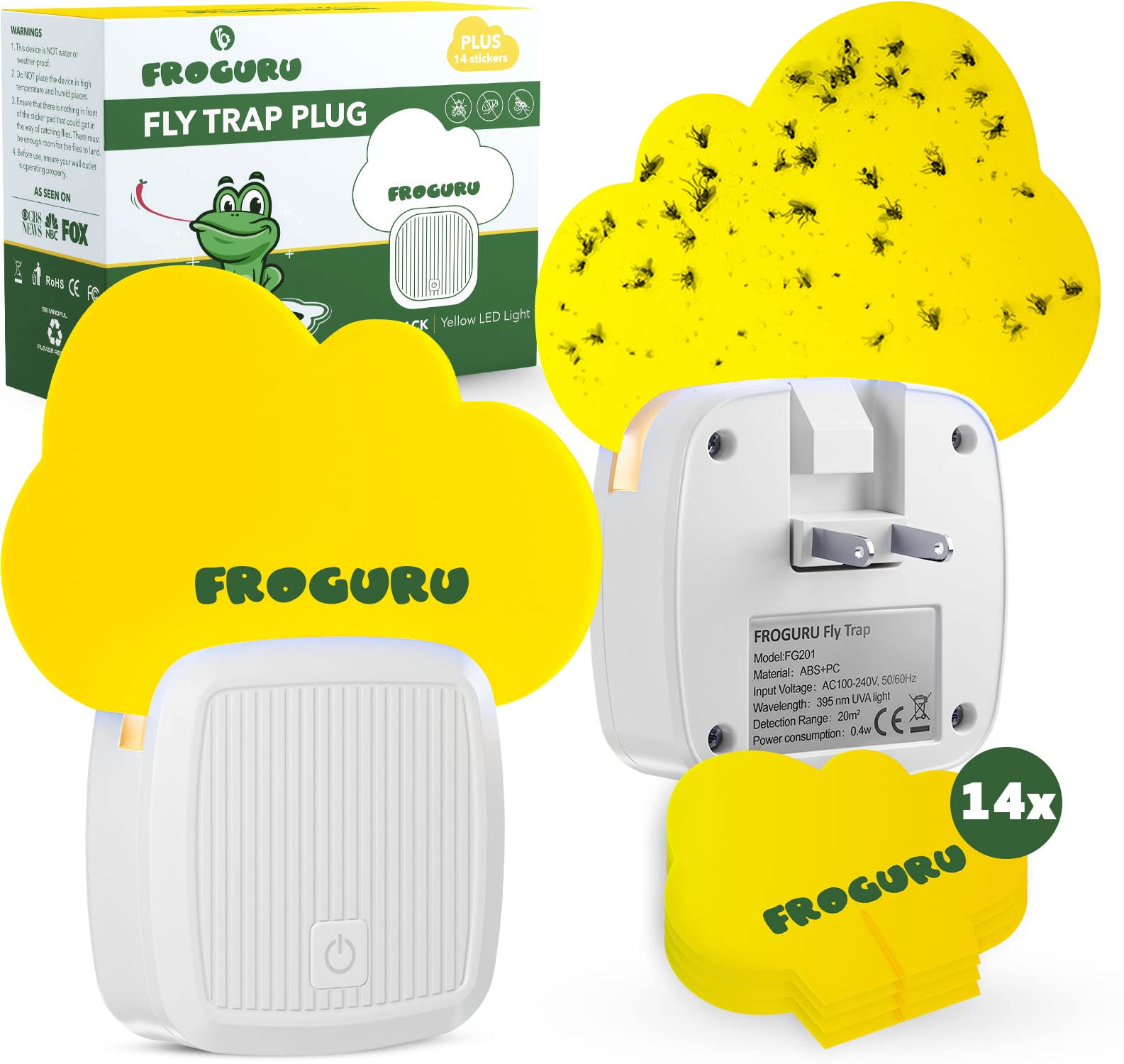 FROGURU Plug in Fly Trap Indoor with 14 Sticky Refills (2-Pack) - Easy to Use Odorless Indoor Fly Trap for Home with Yellow LED Light - Traps Insects Like Fruit Flies, Mosquitoes, Gnats, Moths, etc.