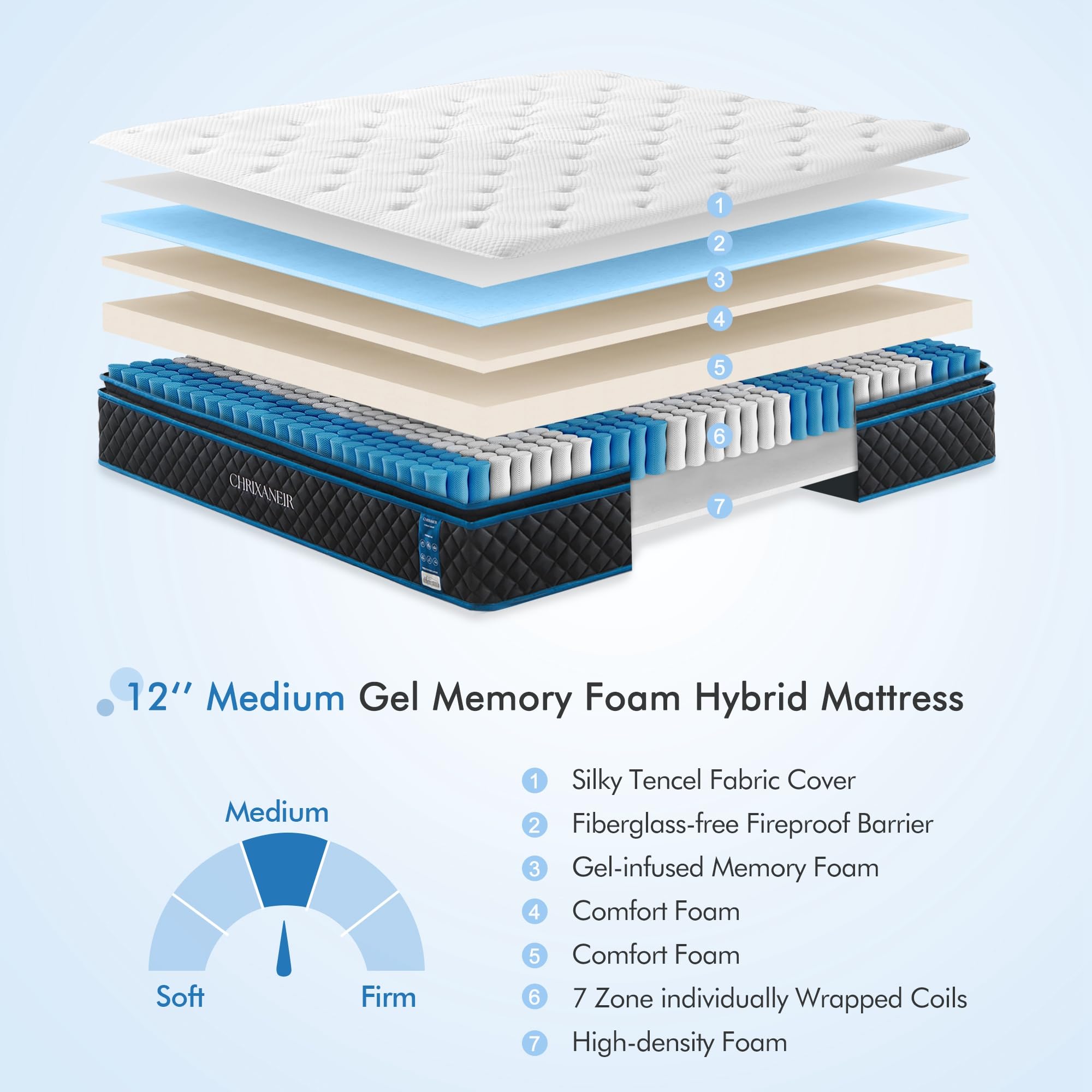 CHRIXANEIR 12 Inch Hybrid Mattress, Medium Firm Gel Memory Foam Mattress in a Box and Pocket Springs with Tencel Cover, CertiPUR-US Certified, Balance Support & Pain-Relief Cal King Size Mattress.