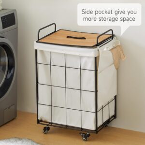 Laundry Hamper with Natural Bamboo Lid, 120L Laundry Basket with Heavy Duty Rolling Wheels, Dirty Clothes Hamper with Removable Liner Bag and Side Pocket, Laundry Sorter with Metal Handle