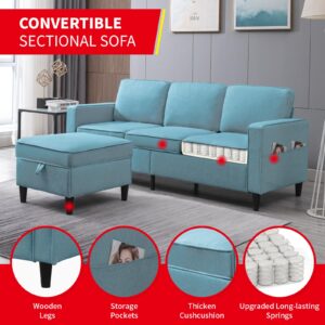 PUREMIND Modular Sectional Sofa Couch for Living Room, 78" 3-Seat Convertible Sofa with Storage Ottoman, Modern Linen Fabric L-Shaped Couch for Small Spaces, Bedroom, Apartment (Blue)