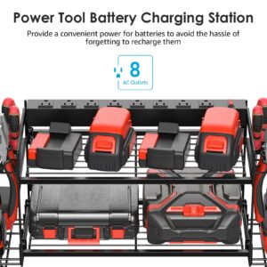 CCCEI Garage Tools Storage with Charging Station. Power Tool Battery Organizer Utility Shelf with Power Strip. 4 Drills Holder Wall Mount Rack, Black.