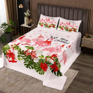 merry christmas quilt bedding set queen size,pink flamingo cartoon bird animal bedspread coverlet for girls teens,winter snowflake green leaves soft polyester quilt set, all season