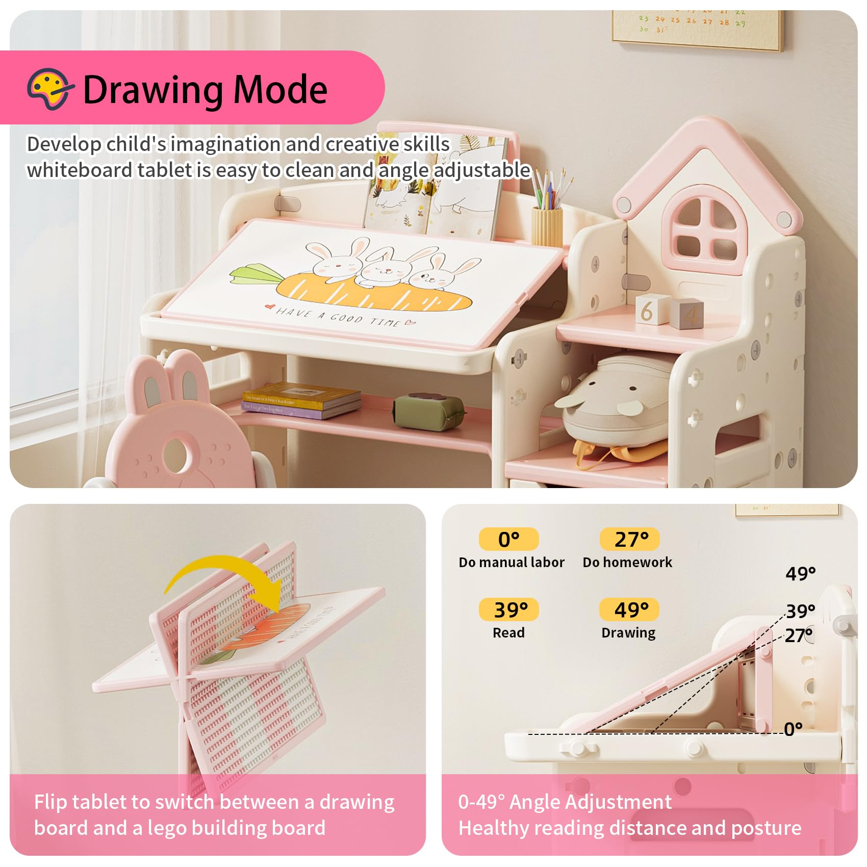 UNICOO Kids 3 in 1 Multifunctional Desk, Kids Activity Table, Children Height Adjustable Learning Desk, Toddler Drawing Table Art Table with Chair Set (QB-002-P Pink)