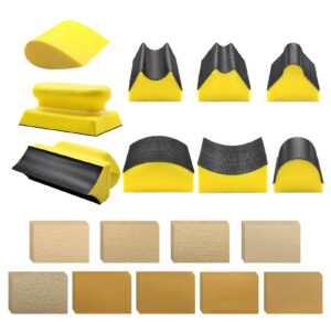 vibratite 9 pcs contoured profile hand sanding block, 4 inch hand sander block interchangeable assorted convex & concave shapes with 45 sheet assortment sandpaper for auto body, woodworking, furniture